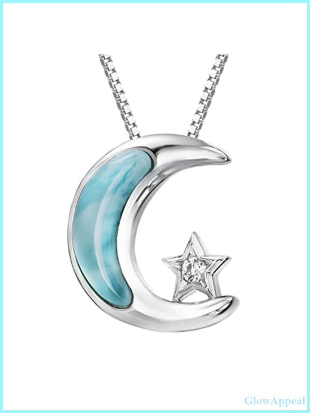Sterling Silver Larimar CZ Star Moon Necklace 18" Box Chain Pendant